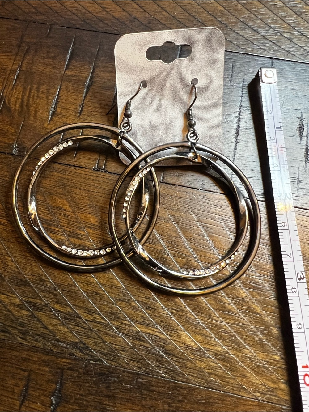 Fashion Double Hoop Earrings with Rhinestone Accent - Gunmetal